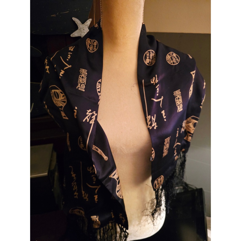 Navy Blue Satin Shawl Scarf with Gold Asian Script and Vase Print Fringe Accent - Picture 4 of 7